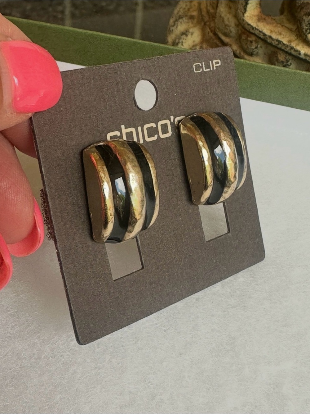 Chico's Black and Gold Curved Clip-On Earrings